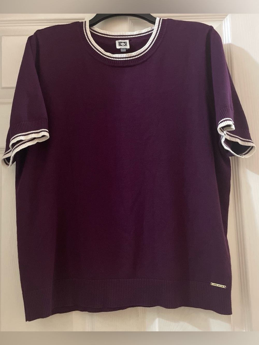 Anne Klein Deep Purple Short Sleeve Crewneck Sweater shirt with White Trim